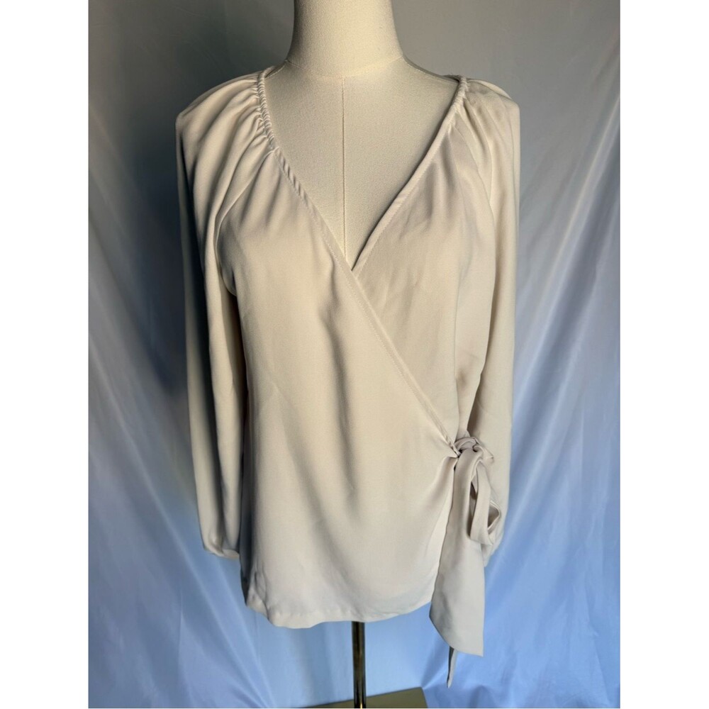 Trina Turk Hue Wrap Blouse Top V-Neck Side Tie Medium Cream Ivory Long Sleeve